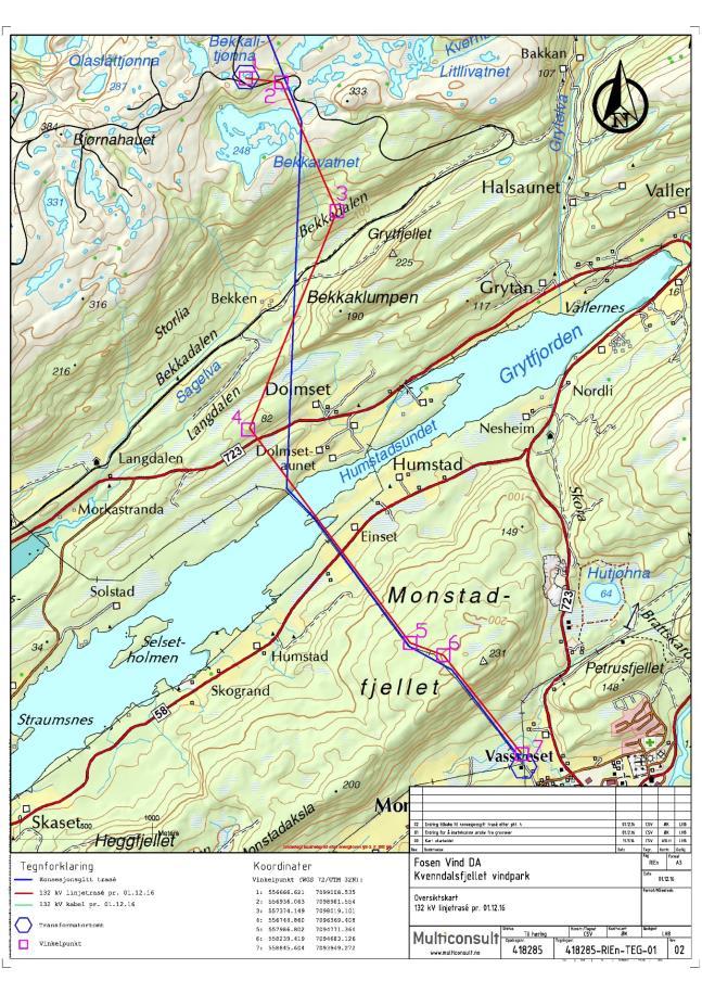 Side 6 Figur 3: Detaljkart av traséjusteringer for Kvenndalsfjellet vindkraftverk. Omsøkt trasé i rød, tidligere konsesjonsgitt i blå. 3.2 Vurdering av virkninger av omsøkte endringer NVE gjør i dette kapittelet en tematisk vurdering av virkningene de omsøkte endringene kan medføre.