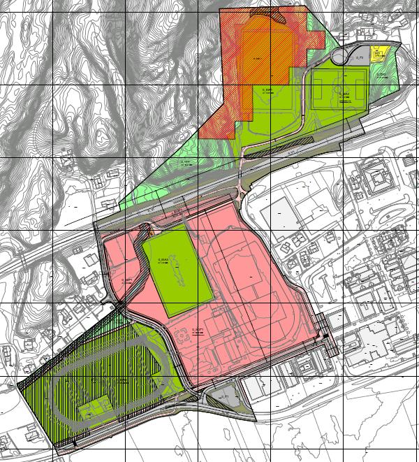 Figur 1. Forslag til plankart, skole og idrettsanlegg. Doorwaybanen (o_bia3) er foreslått opprettholdt med dagens plassering. Nord for E39 er det foreslått videreutvikling av idrettsanleggene.