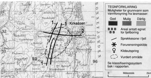 3 Prioriterte områder KIRKEÅSEN (fig. 1) Vannbehovet er anslått til ca 1,0 l/s. Bergartene i området er hovedsaklig granittiske øyegneiser.