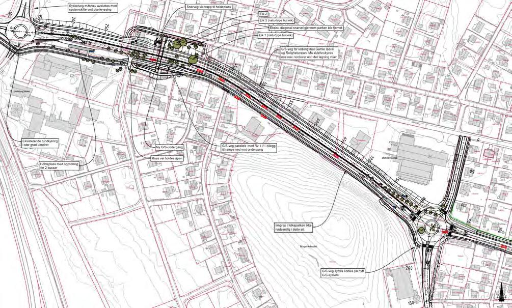 Figur 5-5: Alternativ 2 med utforming av tiltak i rv. 111 Hafslundsgate mellom rundkjøringene på Hafslund og Dondern, tegning C201 (kilde: Sweco Norge AS).