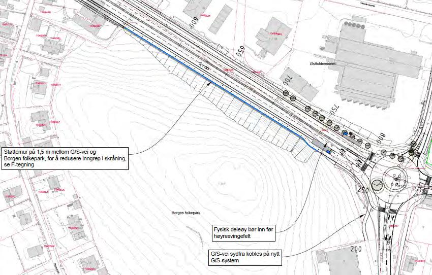 Figur 6-24: Alternativ 1 Utvidelse mot sør, utvidelse av rv. 111 Hafslunds gate som viser omfang av inngrep i nordlige del av Borgen folkepark (kilde: Sweco Norge AS). 6.5.