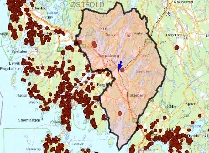 Figur 6-29: Utsnitt fra Naturbase (03.01.2019) viser registrert utbredelse av utvalgt naturtype hul eik i Sarpsborg og tilgrensende kommuner.