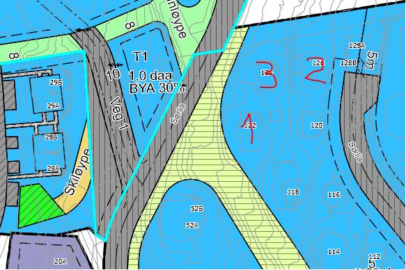 T1 der det er regulert inn et P-område opprettholdes. I pkt. 4.1 står det: «Område merket P på plankartet skal nyttes til parkering/snuplass for tilliggende fritidsboliger».