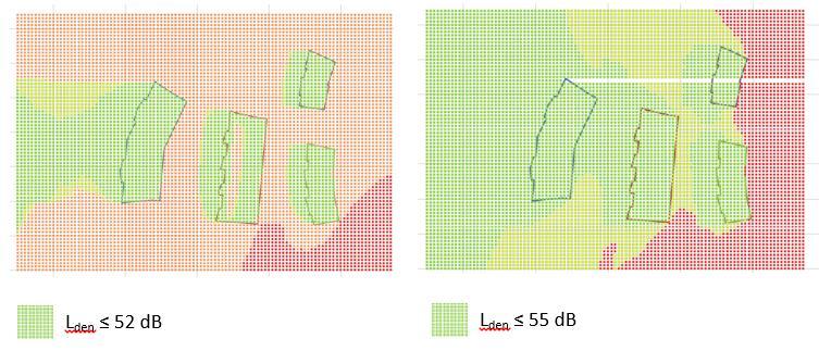 5 Beregnede utendørs lydnivåer Figur 4: Lden beregnet i 1x1 m punkter for prognosen i 2030 (til venstre) og for prognosen i 2050 (til høyre). (Figurene er hentet fra Vedlegg B og Vedlegg C).