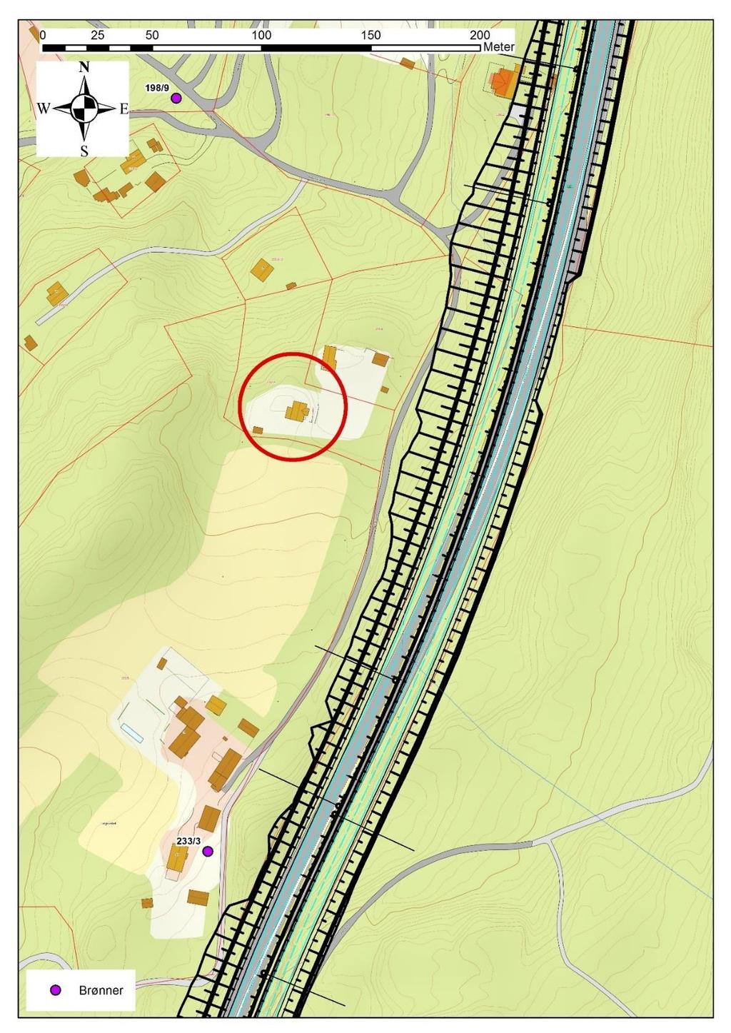 Side 54 av 83 Figur 27: Viser bruker på eiendom 233/14 med rød sirkel. Vannet går under E16 i kulvert og lukket ledning ca. 100 m nord for brønnen til eiendom 233/3.