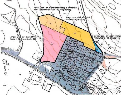 4 av 7 Fig 4 Området i blått som heter «areal som er nødvendig tilknytning til skogsveg» utgår av planen, da adkomst vil gå direkte fra den nye avkjørselen fra fylkesveien.