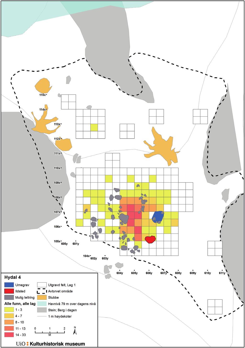 220 E18 Rugtvedt Dørdal Figur 17.9. Spredningskart med alle funn på Hydal 4.