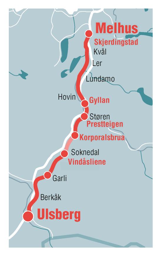 Lang traséendring Fra Ulsberg forbi Berkåk Ny E6 øst for Buvatnet i stedet for den regulerte vestsida