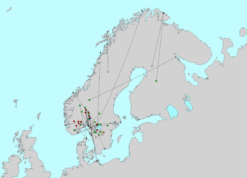 Figur 5. Oversikt over merkested (sorte sirkler) og gjenfunn av døde skarver i innlandet. Fargekode angir årstiden funnet ble gjort.