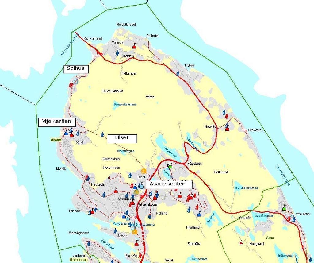 3. PLANOMRÅDET BELIGGENHET OG AVGRENSNING 3.1 Beliggenhet Planområdet ligger i Åsane bydel, langs Salhusvegen, mellom BKKs trafo og Åsane byggsenter, Salhusvegen 55.