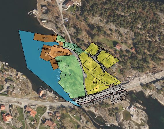 Kartutsnitt: Planforslaget Planens hovedformål er å regulere bort eksisterende kanal og etablere en mer hensiktsmessig tomteplassering for totalt 7 eneboliger.