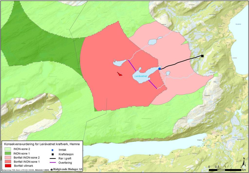 Figur 21. De planlagte tiltakene medfører reduksjon av INON-sone 2, 1 og villmarkspreget natur. REINDRIFT Tiltaket har ingen virkning på reindriftsinteresser. Tiltaket gir ingen virkning på reindrift.