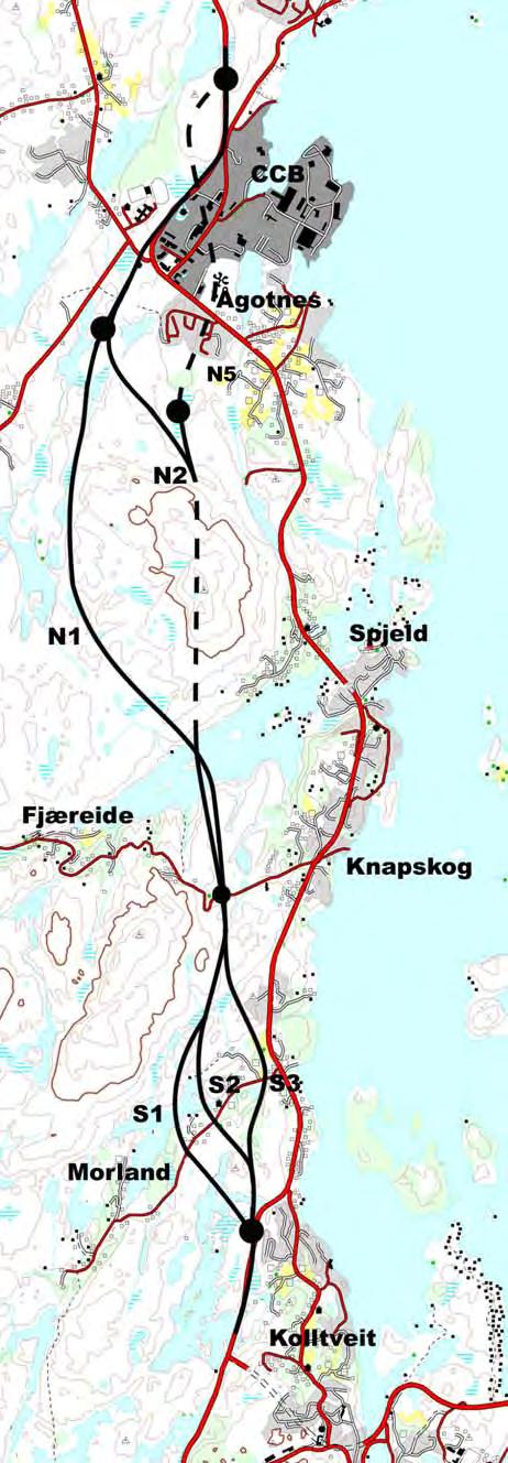 23 Alternativ S1 Alt. S1 svingar vestover og kryssar Nordravatnet og går nordvestover mot og kryssar Morlandsvegen vest for busetnaden på høgdedraget vest for Støavatnet.