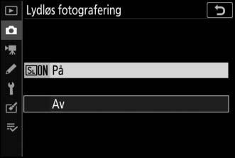 Lydløs fotografering For å aktivere den elektroniske lukkeren og eliminere støy og vibrasjon forårsaket av den mekaniske lukkeren, velg På for Lydløs fotografering i fotograferingsmenyen.