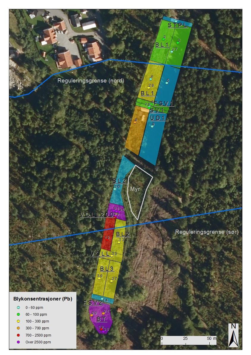 Figur 6. XRF-resultatene for blykonsentrasjoner i jord klassifisert etter TA-2553. Områdene er inndelt etter standard prøveområder iht.