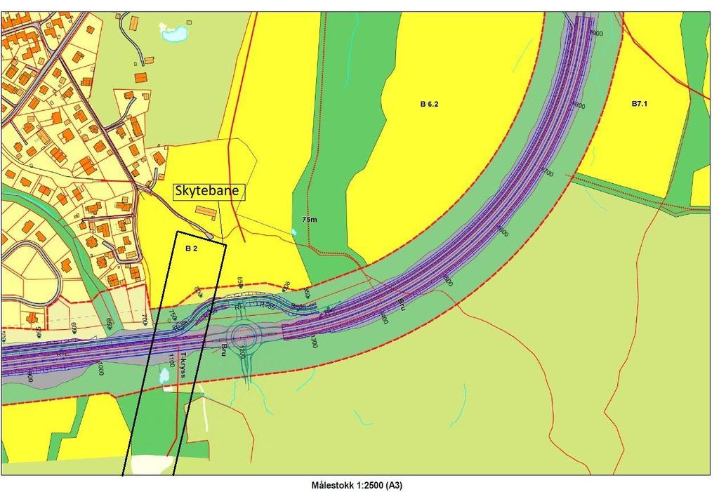 Figur 2. Utsnitt av kommunedelplan for Ullensaker kommune. Gult område (B2) viser planlagt boligområde i deler av dagens skytebane.