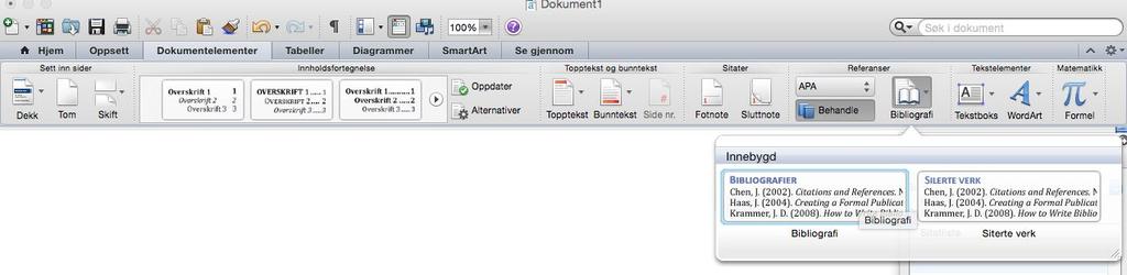 Steg 5 i Mac bibliografi For å legge inn kildeliste etter do For å legge inn kildeliste etter teksten din, 1. 2. 3. 4. Trykk Referanser. Trykk Bibliografi.