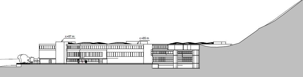 Figur 5: Snitt som viser (fra v. mot h.): Midtunlia, eksisterende hovedbygg med påbygg, framtidig lagerhall og del av Dyngelandsåsen (vedlegg F).