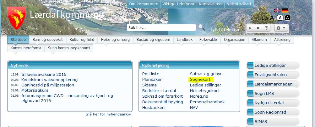 Du finn òg sognekart på heimesida til Lærdal kommune. De skriv då Lærdal kommune i søkeruta på GOOGLE. Då vil dette skjermbiletet koma opp. Dobbelklikk på denne adressa. (Sjå raud pil).