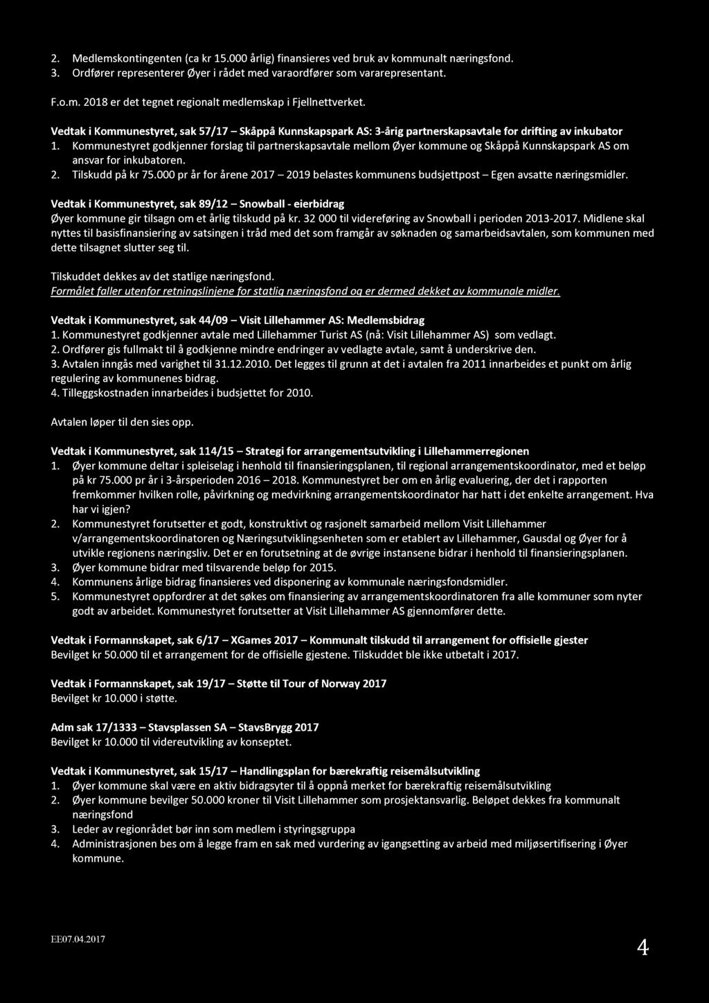 2. Medlemskontingenten (ca kr 15.000 årlig) finansieres ved bruk av kommunalt næringsfond. 3. Ordfører representerer Øyer i rådet med varaordfører som vararepresentant. F.o.m. 2018 er det tegnet regionalt medlemskap i Fjellnettverket.