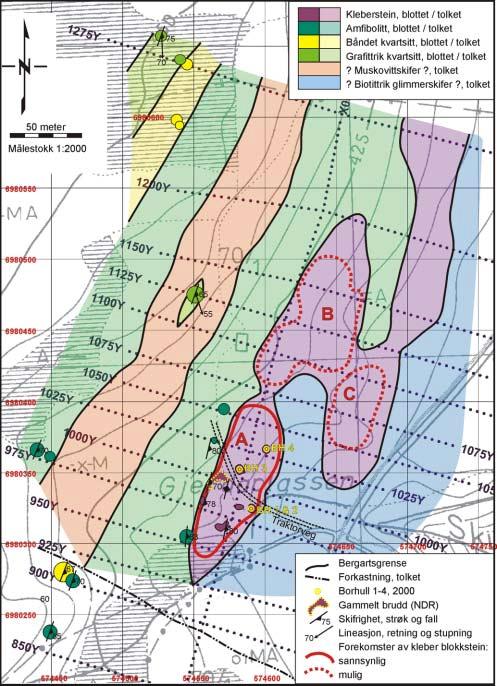 Figur 8:Geologisk tolkningskart over Solem klebersteinsforekomst i Budalen, med sannsynlige og mulige forekomster (A, B og C) merket med rød strek.