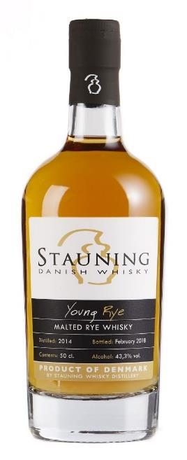 Stauning Young Rye, February 2018 Young Rye er en Straight Rye Whisky Som alltid med gulv-maltet rug og bygg. Destillert på små kobber pot stills. Oppvarmet via åpen ild (som i de gode gamle dager).