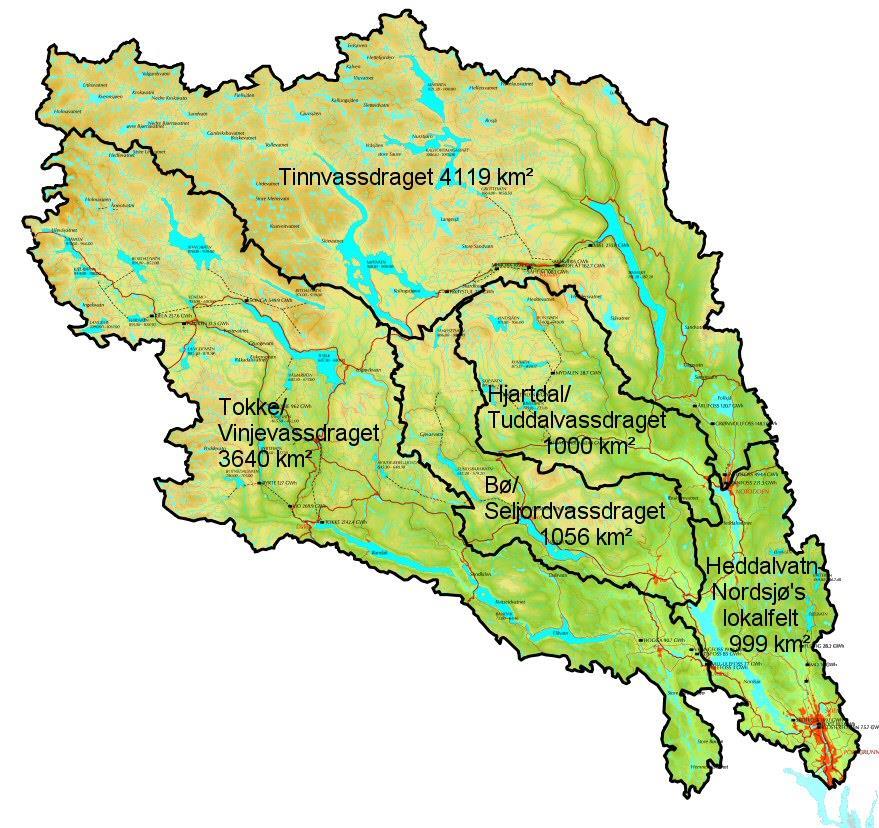 Figur 1: Kart over Skiensvassdraget med de enkelte nedbørfeltene. Kilde: Fylkesmannen i Telemark. Den anadrome strekningen omfatter til sammen opp mot 150 km elvestrekninger av variert karakter.