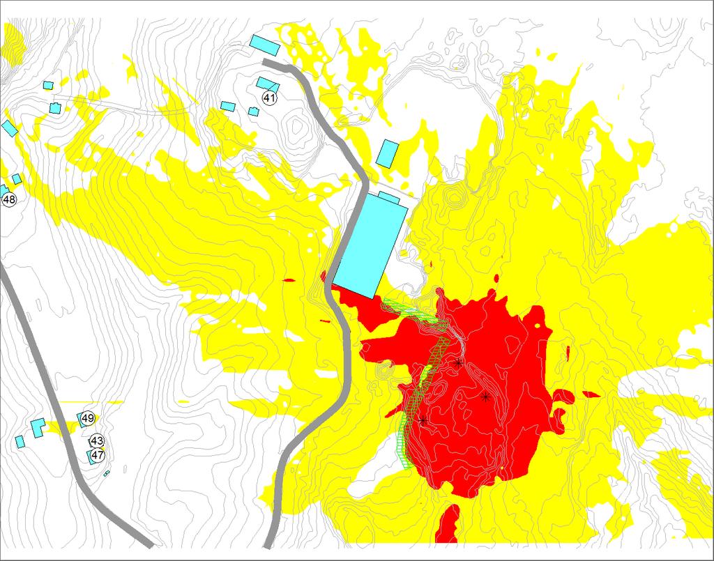 12 (15) STØYUTREDNING 5. RESULTATER Alle figurene i dette kapittelet finnes også som vedlegg, der flere detaljer er inkludert. Støysonekart er vist med beregningshøyde 4 m over terreng.