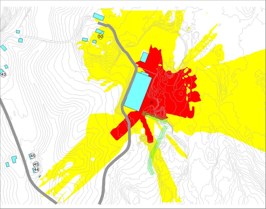 STØYUTREDNING 13 Støysonen L den 50 db havner utfor benyttet kartgrunnlag, men trolig ligger bebyggelsen sør for industrien utenfor gul støysone på grunn av skjerming fra terrenget.