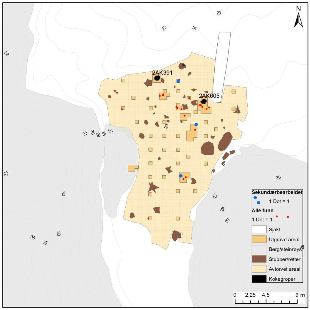 Figur 8. Lokaliteten med alle funn hvorav tre er sekundærbearbeidet. NATURVITENSKAPELIGE PRØVER OG ANALYSER 8.