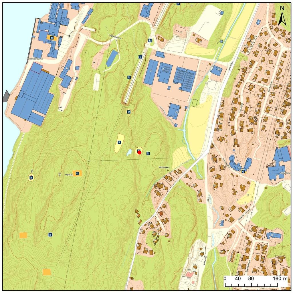 Figur 2. Lokaliteten med andre kulturminner i nord og i vest og omkringliggende bebyggelse. Et større område rundt lokaliteten (markert med rødt punkt) er regulert til boligformål.