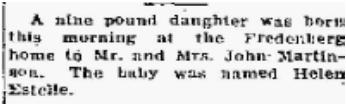 Lutz Laura Mae Robert H 7 Mar 1931 19 Mar 1931 pg 5 Macklem daughter James 23 Aug 1931 26 Aug 1931 pg 5 Marshall girl G V 3 Jan 1931 5 Jan 1931 pg 5 Marquardt boy Evan 6 Jan 1931 pg 5 Martinson son