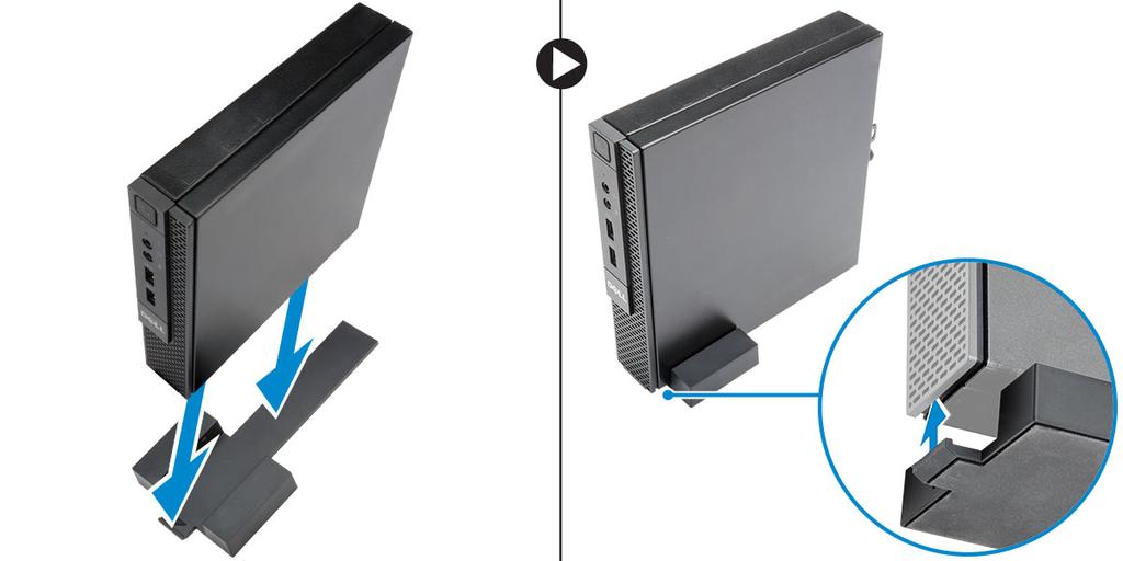 Montere det vertikale Dell OptiPlex Micro-stativet Rett inn datamaskinen på det vertikale stativet og kontroller at tappen på det vertikale stativet passer inn i sporet eller hakket i systemet.