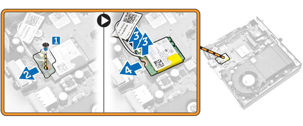 Sette inn WLAN-kortet 1. Innrett og plasser WLAN-kortet på kontakten. 2. Koble til WLAN-kablene. 3. Plasser WLAN-braketten i sporet. 4.