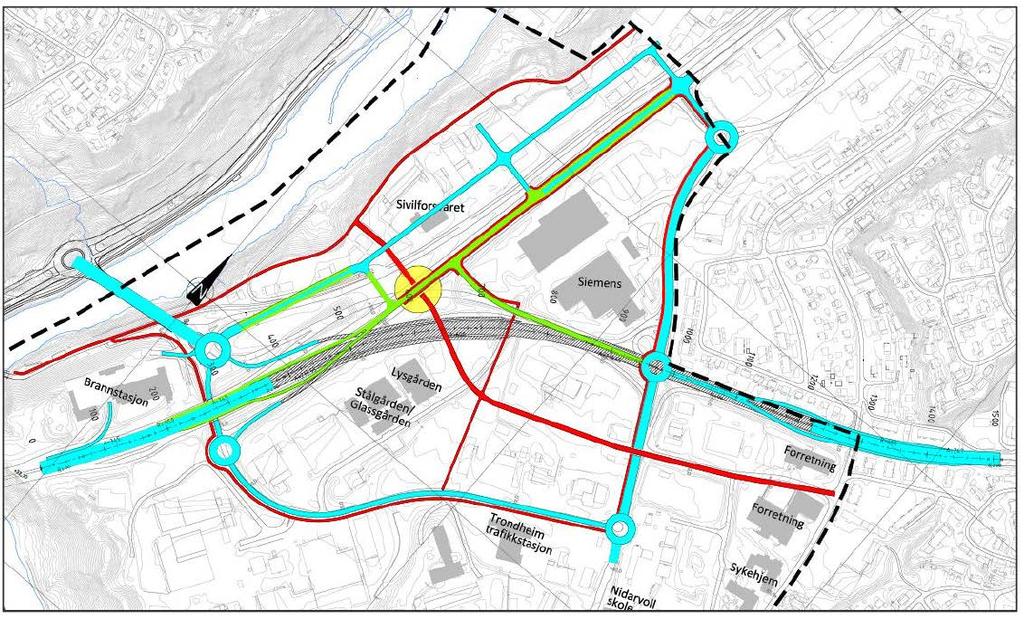 Optimalisering av prinsipp 3, E6 i dagens trasé Nedenfor vises Prinsipp 3A, revidert fra silingsrapport (uten ramper fra Sluppenvegen av/på E6 sør og kryss med Bratsbergvegen i kun 2 plan).