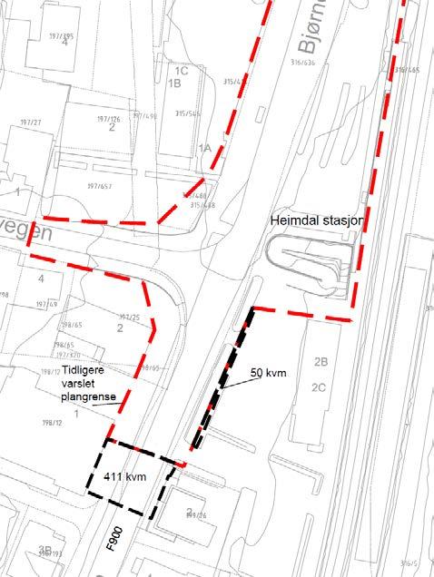 Side 11 Figur 6 Planavgrensning kunngjort ved planoppstart. Opprinnelig varsel ble gjennomført som del av reguleringsplanen for Heimdal stasjon knutepunkt, linje er markert med rød farge.