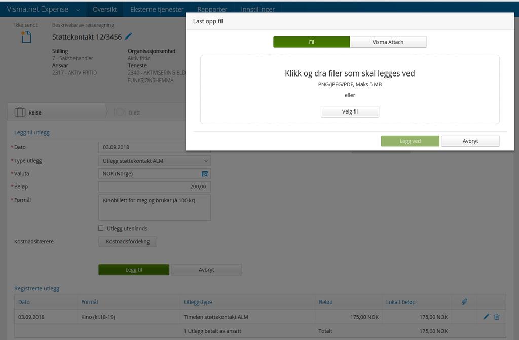 Utlegg: Det er to måtar å legga til vedlegg på, du kan enten lasta den inn via datamaskina di (fil) eller frå Visma Attach
