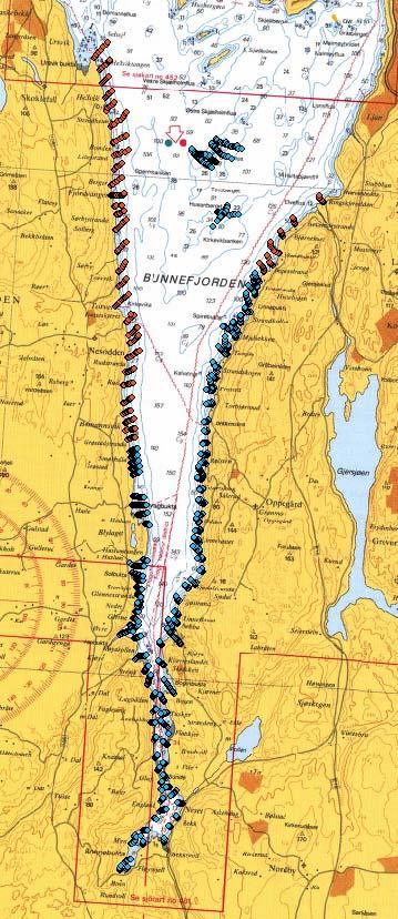 Side 126 Figur 94. Områdene i Bunnefjorden undersøkt med undervannskamera. Røde punkter er registreringer utført i, blå punkter er tidligere års undersøkelser.
