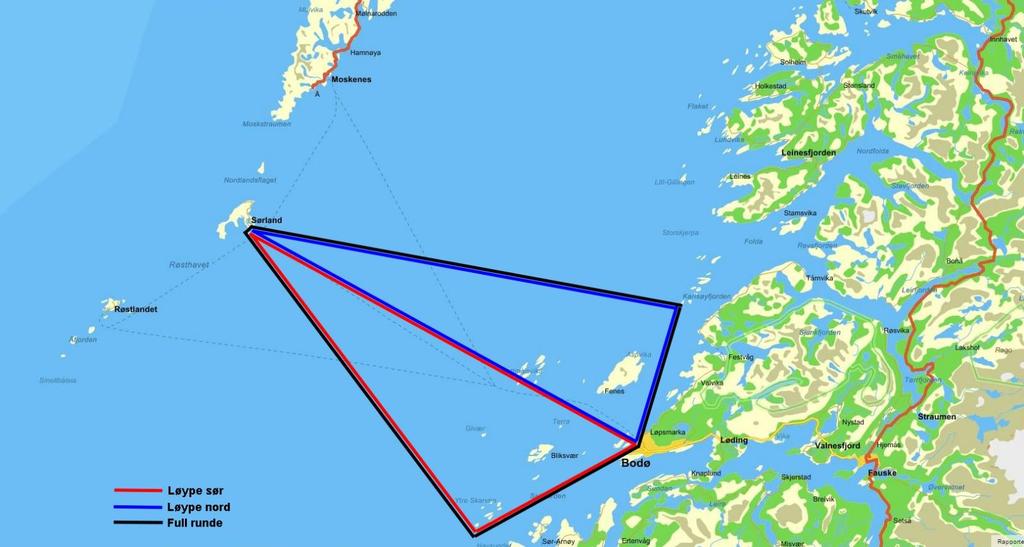 Tillegg 2: Baneområdet og rundingspunktenes beliggenhet (løypene kan gå med eller mot klokka).