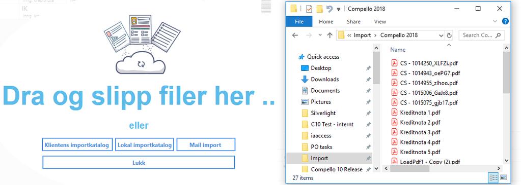Lokal importkatalog Lokal brukermappe for import av bilag Importer filer Krever gyldig skannerserie pr klient i Admin\Klientoppsett\Skannerserier\ Dra inn filer manuelt 1.