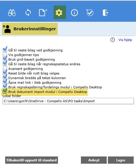 Ny dokument import som default valg Ny dokument import modul inngår i Compello Desktop applikasjonen, sammen med Regnskapsførings modulen. For å velge å benytte ny dokument import modul som default.