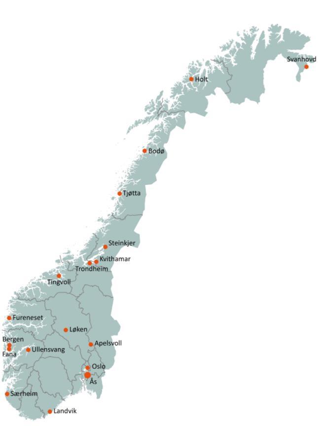 NIBIO Landsdekkende lokalisering (18 steder) 690 medarbeidere Hovedkontor på Ås Fem fagdivisjoner: Kart