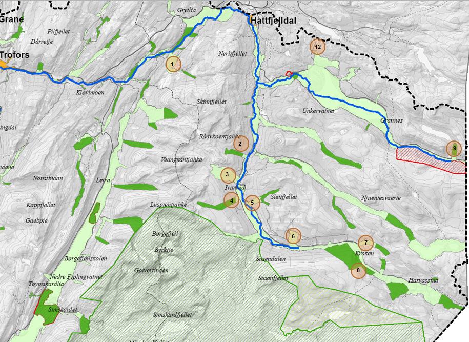 Figur 1 Skjermdump fra kartportalen til Regional plan for Vefsna. Arealer med gult er forvaltningsklasse 1, lys grønt forvaltningsklasse 2 og mørk grønt forvaltningsklasse 3.