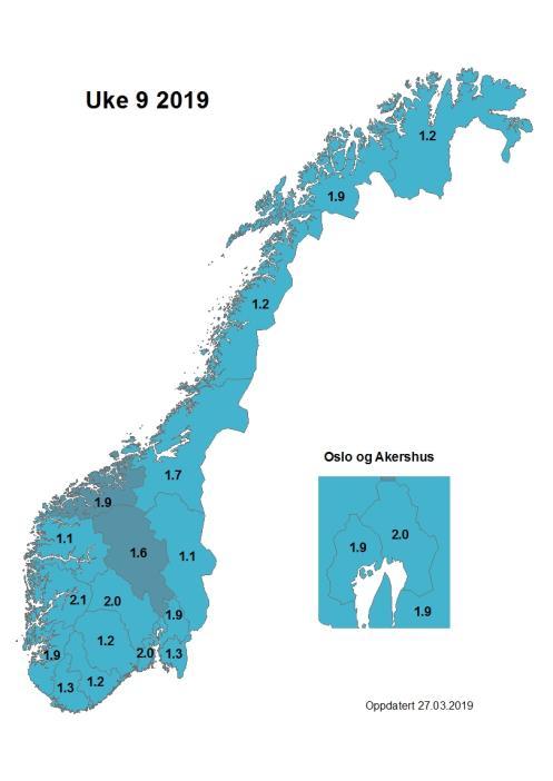 Kart med andel influensalignende sykdom Kartene under viser de fylkesvise andelene influensalignende sykdom fra uke 9 til og