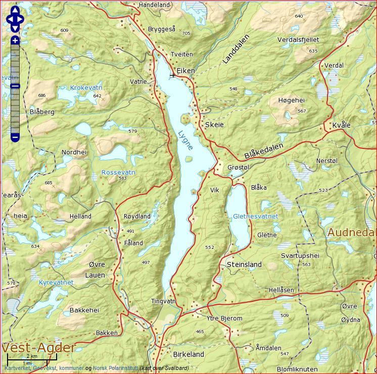Figur 1. Innsjøen Lygne i Hægebostad kommune i Vest-Agder og hele nedbørfeltet til hav. (Kilder: norgeskart.no og nve.
