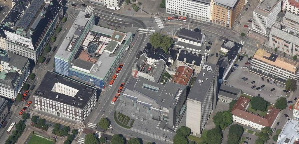 8 5 Bygningen Figur 2. Skråfoto med brannstasjonen avmerket med gul sirkel (Foto: Bergen kommune/blom 2014).