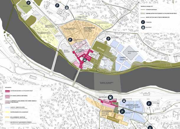 Figur 11: Konseptfundamentet for sentrum fra Kongsvinger 2050 Utvikling av en sterk sentrumskjerne på nordsiden innebærer alternative strategier for dagens sentrumsarealer sør for Glomma.