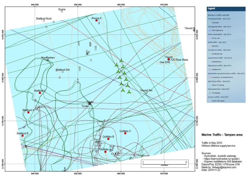 Figur 7-7 Oversikt over skipstrafikk på Tampen feltet
