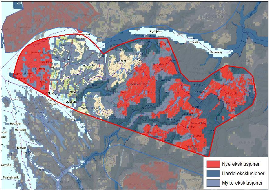 Oppdatert eksklusjonskart Figur 10: Kart over analyseområde 18 etter nye eksklusjoner fra