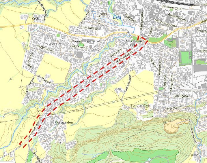 Kart over forslag til varslet planområde/grense for planarbeidet.